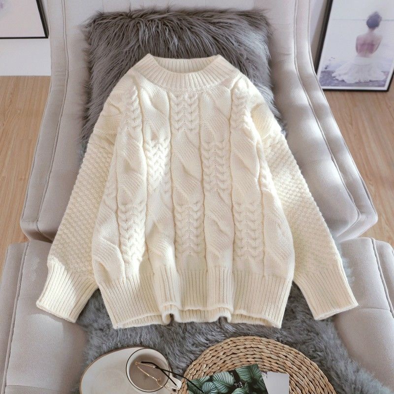 Áo Sweater Dệt Kim Cổ Tròn Tay Dài Dáng Rộng Màu Sắc Đơn Giản Cho Nữ