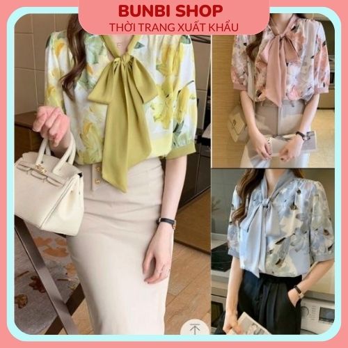 Áo sơ mi lụa ngắn tay cổ nơ cúc cài Karamilen 3 màu siêu đẹp,hàng việt nam xuất khẩu chuẩn