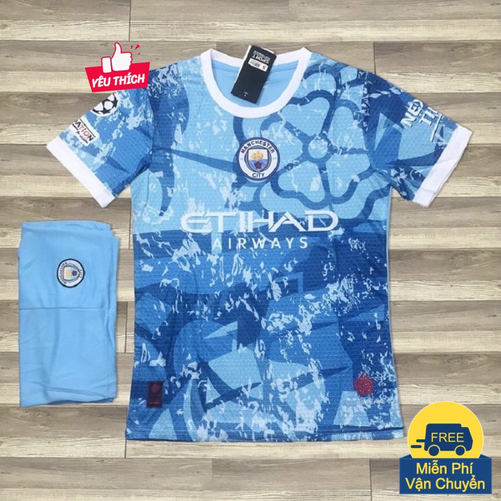Bộ Quần Áo Bóng Đá Manchester City (Mancity) 2022 Xanh Dương Cổ Trắng Vải Gai Thái - Đồ Thể Thao PP Bởi Be Happy Sport