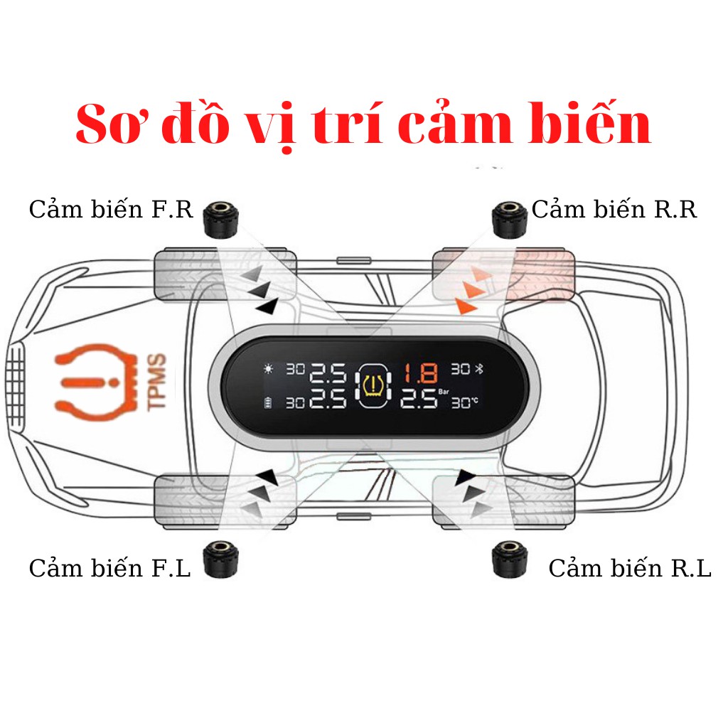 Cảm biến áp suất lốp ô tô TPMS, đo áp suất lốp ô tô hiển thị LCD tự động sạc bằng năng lượng mặt trời