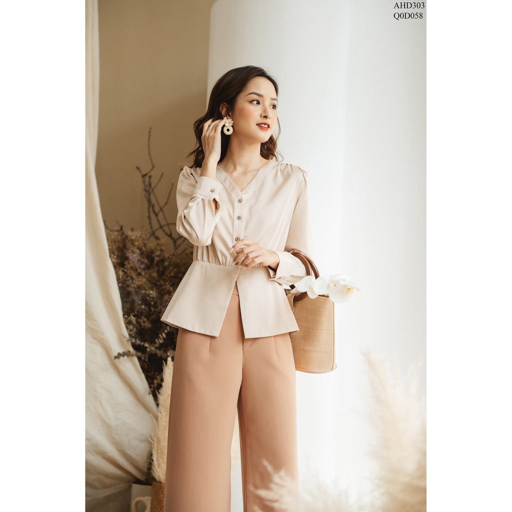 Áo cổ tim nẹp liền nhún vai peplum TIIN STORE AHD303 | BigBuy360 - bigbuy360.vn