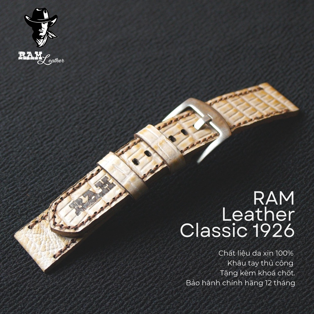 Dây Đồng Hồ Da Thật RAM Leather 1926 Da Bò Vân Kỳ Đà Trắng Bền Đẹp