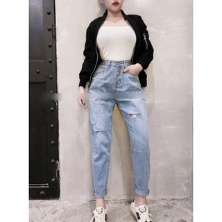 Quần baggy jean nữ lưng cao, rách gối, rách lai - hình chụp thật
