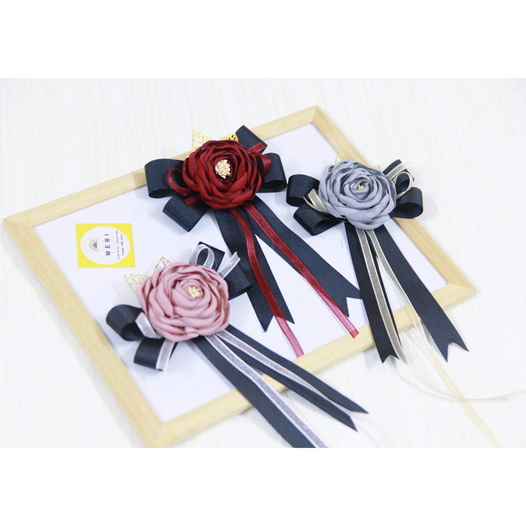 Tag cài áo handmade đính hoa phối ruy băng siêu xinh - Ảnh thật