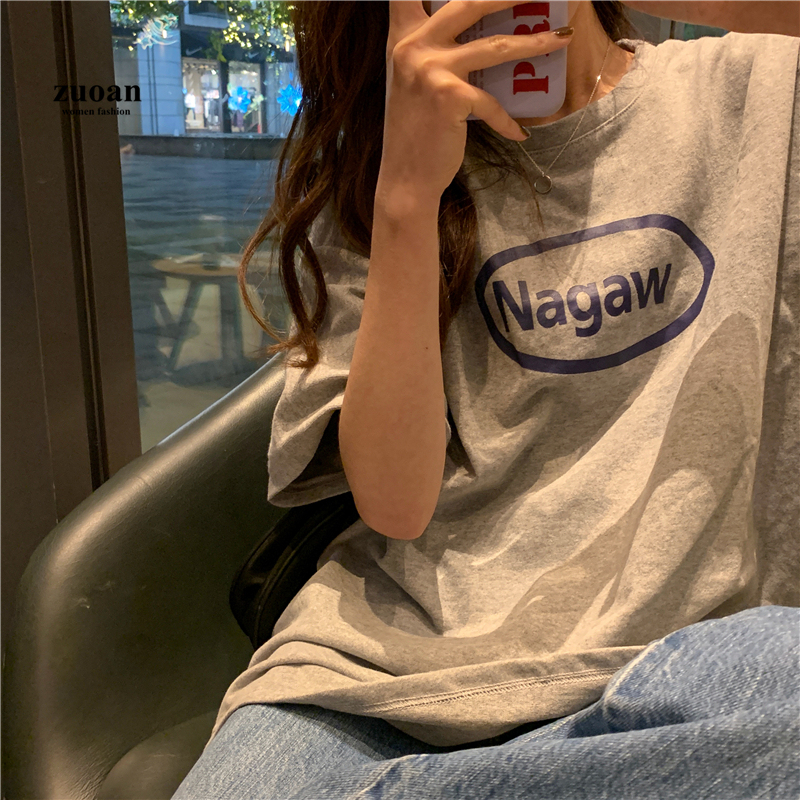 SUXI Áo thun tay ngắn dáng rộng in họa tiết chữ cái thời trang dành cho nữ