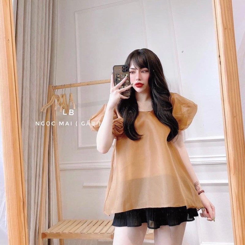 Áo tơ tay bồng hoa ngực cổ vuông hàng tiểu thư cao cấp