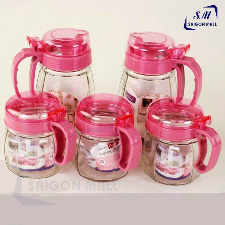 [Hủ Gia Vị Kèm Muỗng] ComBo 5 Hủ Đựng Gia Vị Thủy Tinh. Set Bộ 5 Hủ Gồm 2 Bình Rót Và 3 Hũ Đựng Chất Lỏng. Hủ gia vị có