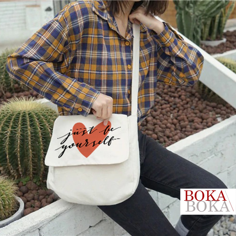 Túi Vải Đeo Chéo Nữ Canvas In Hình Just Be YourSelf Phong Cách Ulzzang