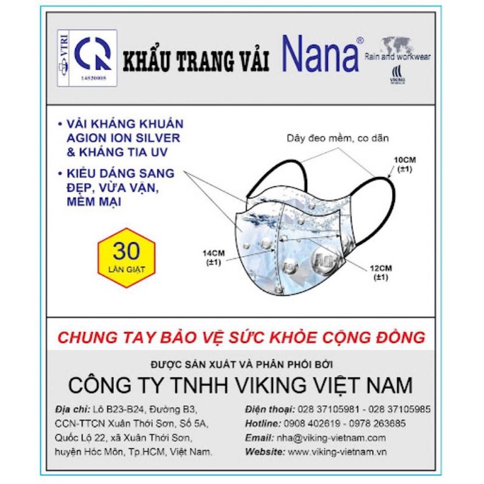 Khẩu trang vải kháng khuẩn Nana Viking, 10 cái/bịch