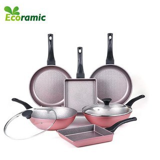 ECORAMIC-Bộ 4 chảo chống dính cao cấp : Chảo sâu lòng 28cm+ nắp kính,2 chảo chiên 18-28cm, chảo vuông 5.0