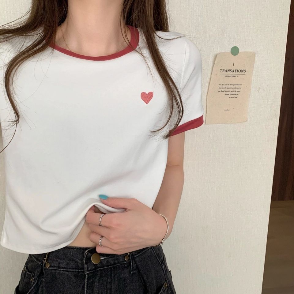 Áo Thun Ngắn Tay Thêu Họa Tiết Trái Tim Thời Trang Mùa Hè Phong Cách Hàn Quốc 2022 Cho Nữ