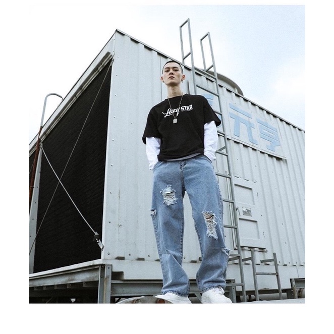 Quần bò jeans ống rộng rách cách điệu tua rua mài oversize hiphop Ulzzang siêu chất ❤️