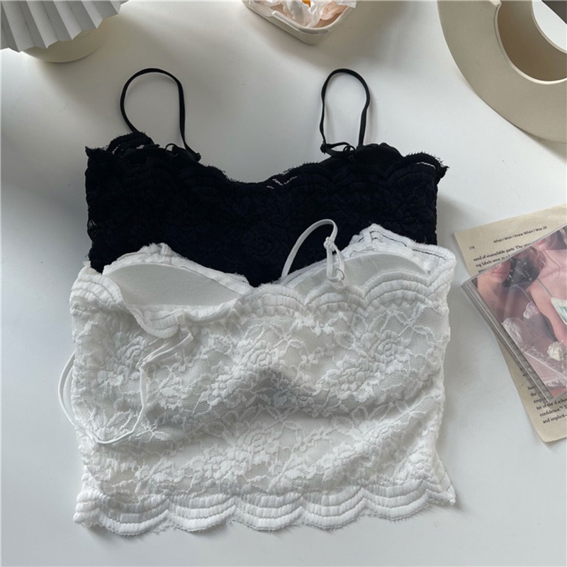 Brroa Áo Croptop Hai Dây Phối Ren Hoa Màu Trơn Có Đệm Ngực Phong Cách Vintage Cho Nữ