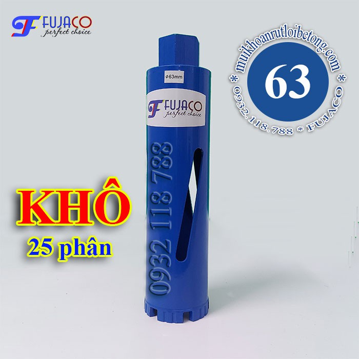 Mũi khoan rút lõi bê tông KHÔ phi 63 mm dài 25 phân - FUJACO