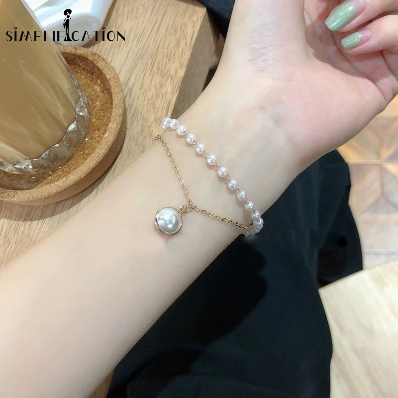 Vòng Tay Hai Lớp Đính Hạt Ngọc Trai Nhân Tạo Màu Vàng Bạc Thời Trang Hàn Quốc