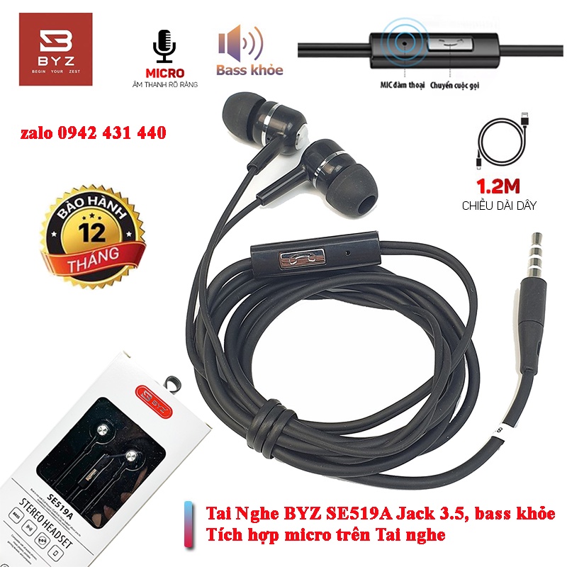 Tai nghe BYZ SE519 SE519A cao cấp có dây jack 3.5mm nhét tai chính hãng cho iP SS