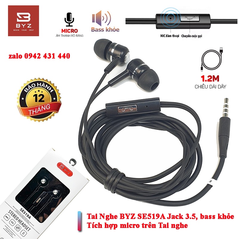 Tai nghe có dây BYZ SE519 SE519A jack 3.5 chống ồn dây dài 120cm bảo hành 1 năm