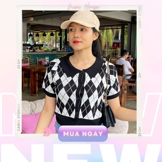 Áo len polo croptop tay ngắn hoạ tiết caro - áo len dệt kim tay ngắn quả trám