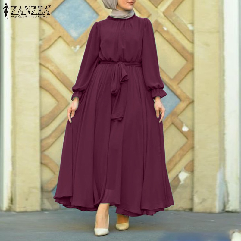 Đầm maxi Zanzea tay dài cổ tròn màu trơn phong cách retro cho phụ nữ Hồi Giáo