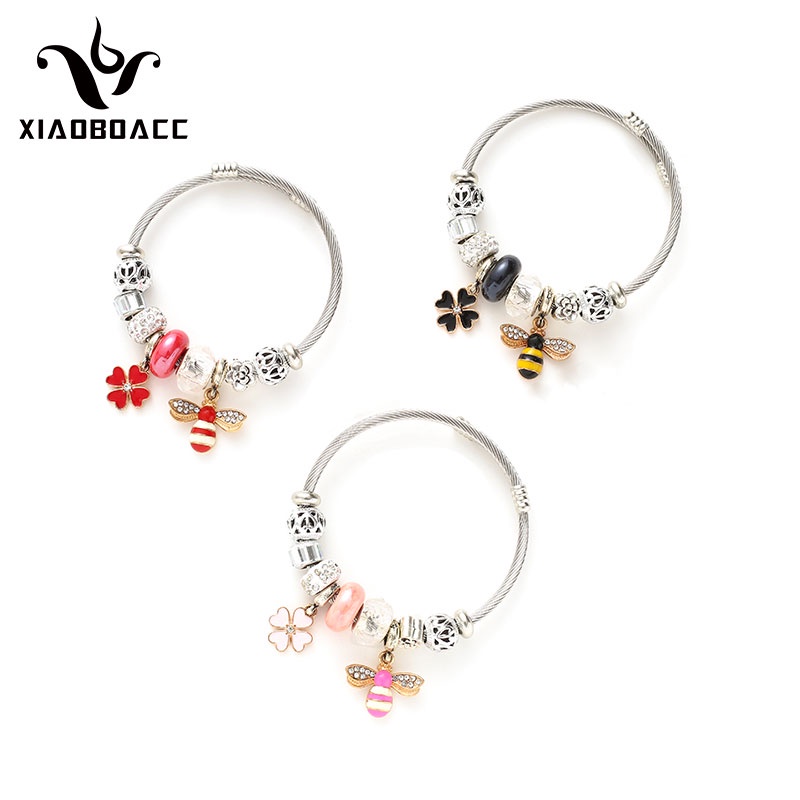 XiaoboACC Vòng đeo tay thép không gỉ đính hạt charm thời trang điều chỉnh được dành cho nữ