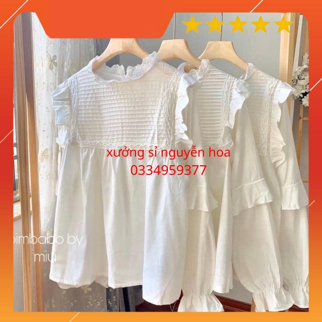 Áo sơ mi trắng nữ dài tay kiểu pháp vai bèo tay áo xếp ly cổ áo đứng phối ren phong cách nhẹ nhàng thanh lịch Nguyễn Hoa