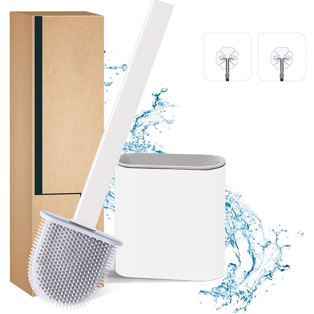 Cây bàn chải chổi cọ chà rửa vệ sinh bồn cầu toilet brush bằng silicon kèm hộp đựng dán tường