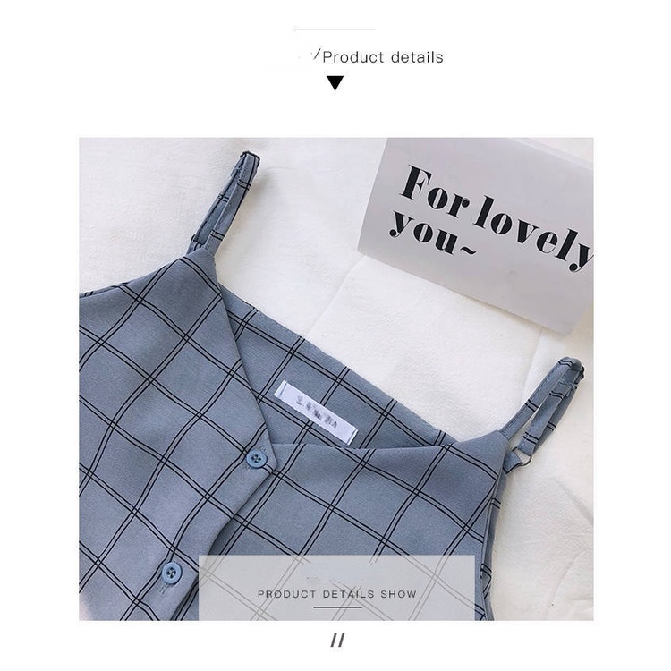 Áo hai dây họa tiết sọc caro phong cách Hong Kong cổ điển thời trang cho nữ