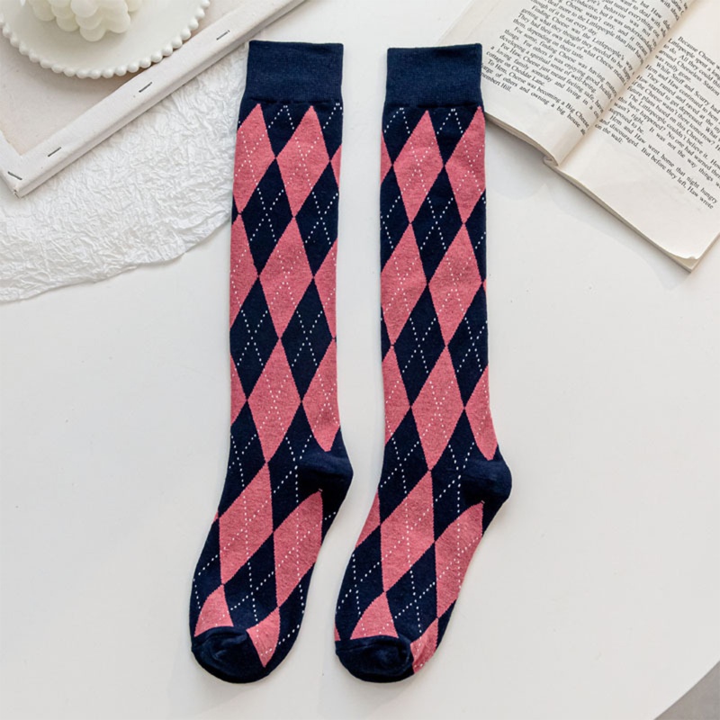 Vớ Cotton Cao Đến Đầu Gối In Họa Tiết Kim Cương Nhiều Màu Sắc Phong Cách Preppy Nhật Bản 10MK Mi