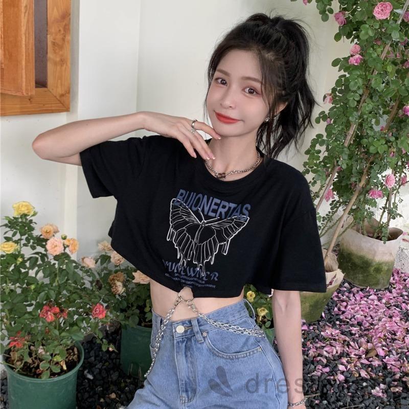 DRE-Women Summer T-Shirt , Short Sleeve Round Collar Butterfly Letters Print Metal Chain T-Shirt