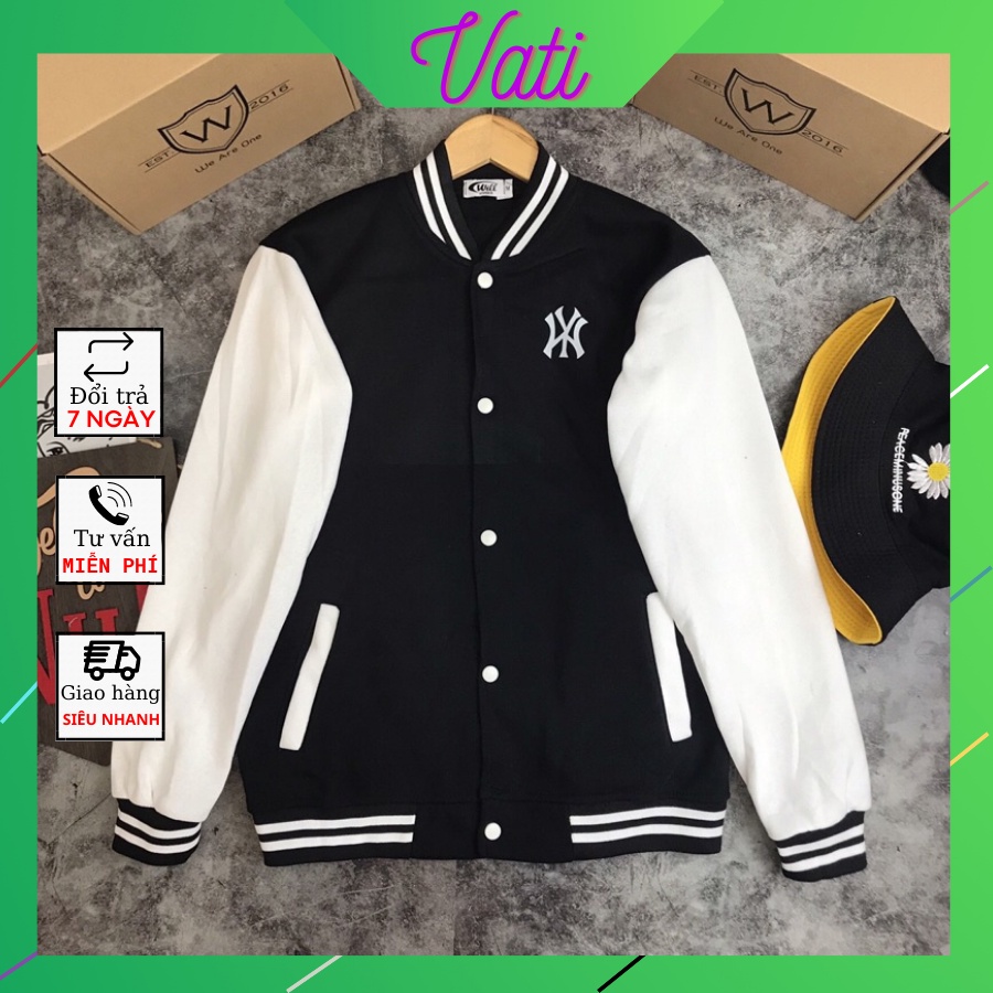 Áo Khoác Bomber nam nữ in chữ NEW YORK, Áo Khoác Bomber đen unisex chất Nhung tăm Vati