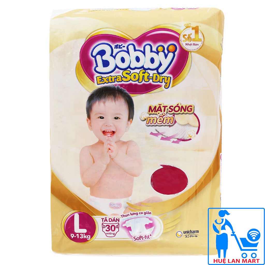 [CHÍNH HÃNG] Bỉm - Tã Dán Bobby Extra Soft-Dry Size L30 (Cho bé 9-13kg)