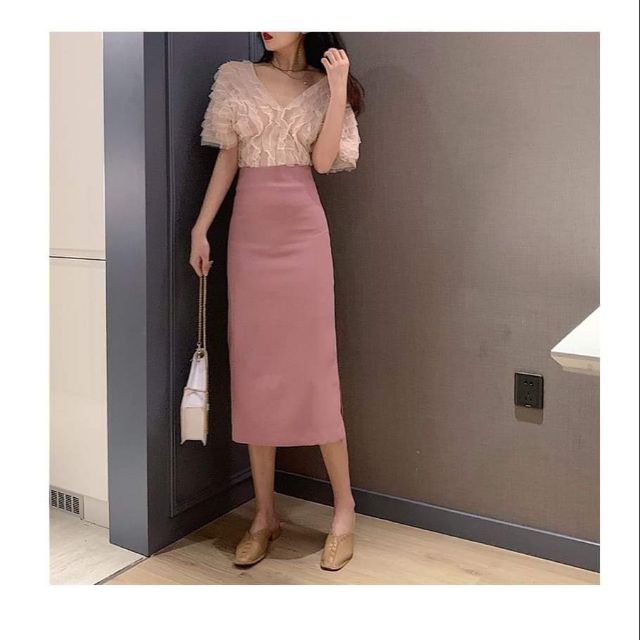 Chân váy midi A hồng phấn xẻ sườn