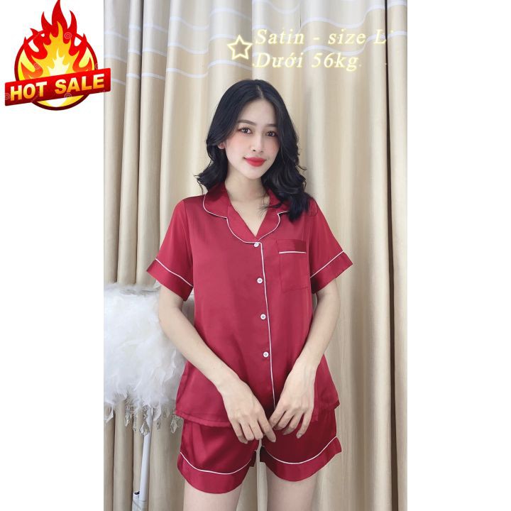 Bộ Đồ Pijama Lụa Bóng Nữ ♥ Set ngủ cộc tay mặc ở nhà phi bóng trơn màu Đỏ SIÊU HOT ♥ 💝 💝 Dưới 56kg