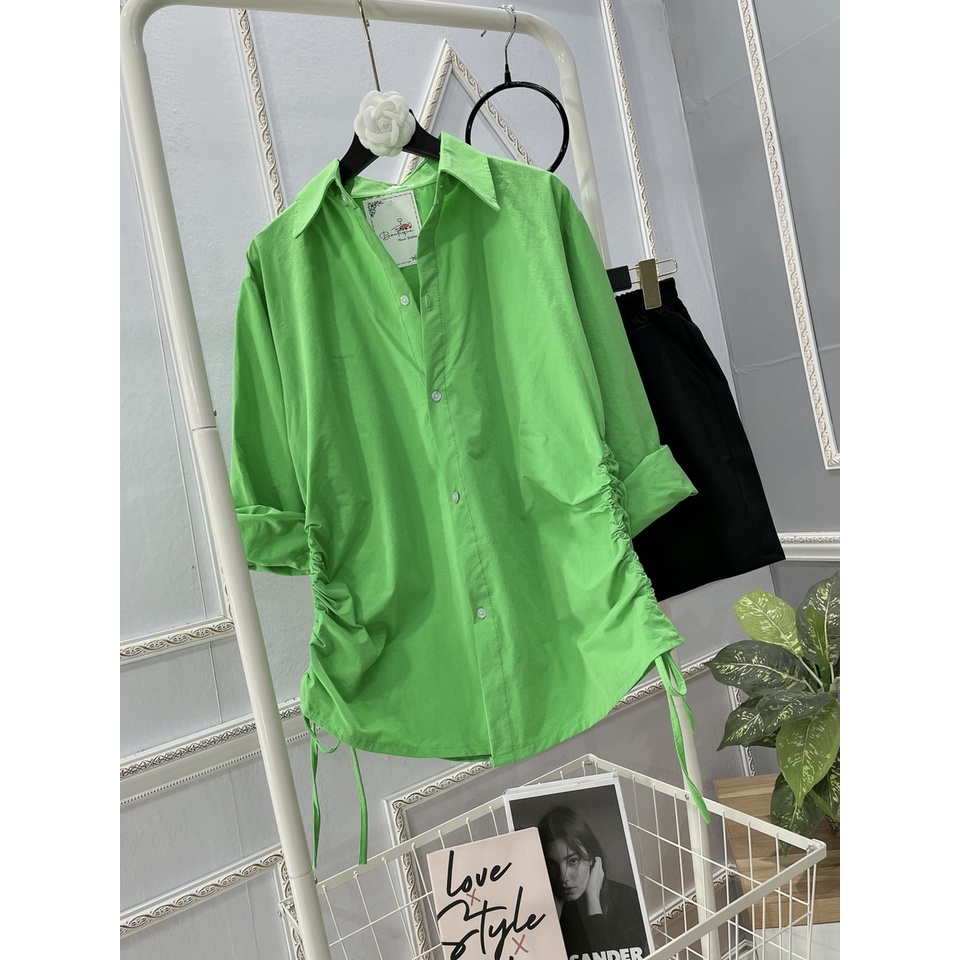 Set sơ mi xanh lá dây rút quần short đùi LT605