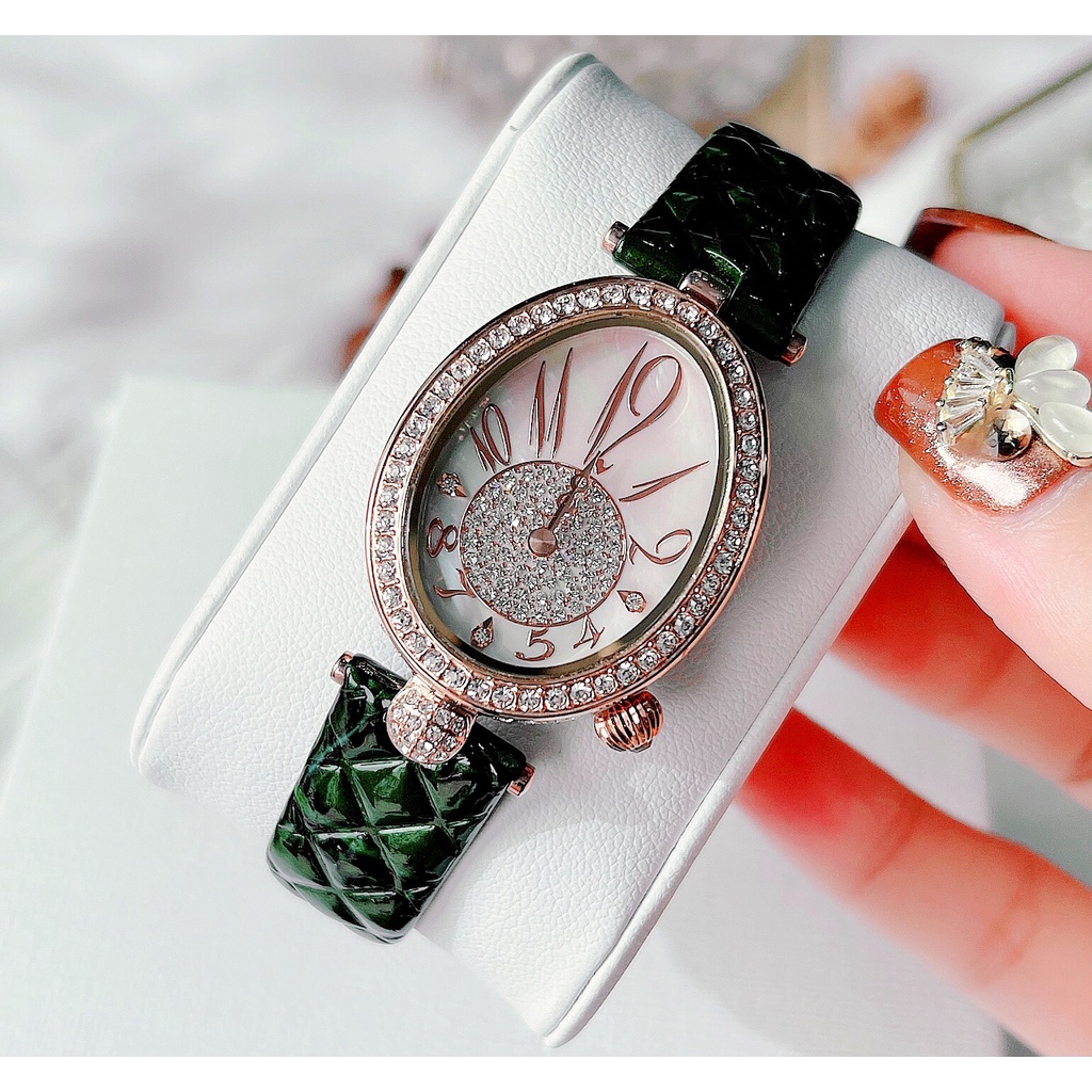 Đồng hồ nữ Davena D31933 Rose Gold - vàng hồng - đính đá Swarovski dây da xanh trần trám