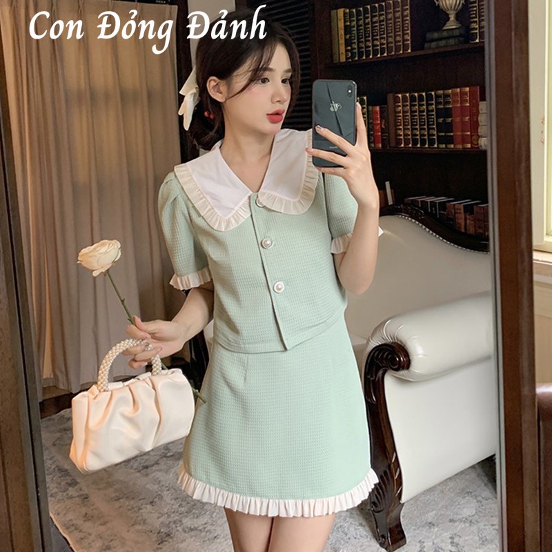 Set Áo Sơ Mi Váy Chữ A Màu Xanh Cúc Ngọc Viền Bèo có ảnh thật AC027