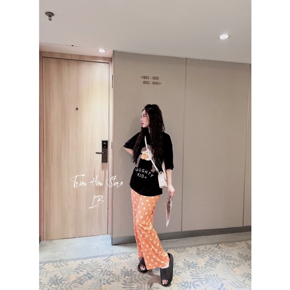 Set áo phông hình + quần suông chấm bi