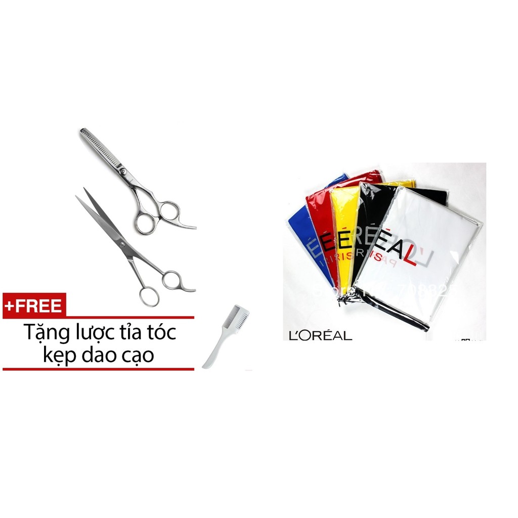 Combo 2 kéo + lược tỉa tóc + áo trùm cắt tóc