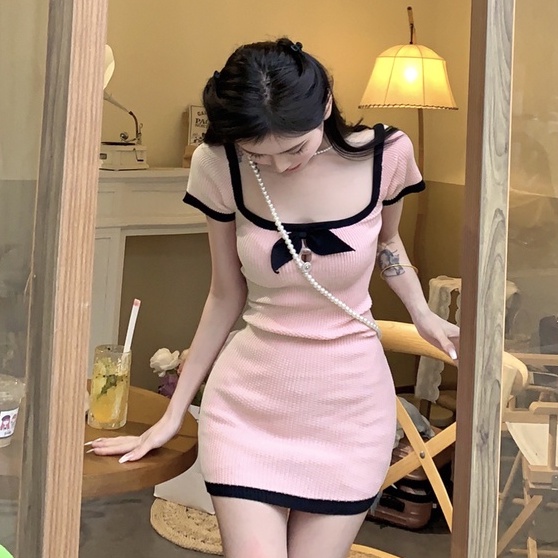 Đầm ngắn ZHELIHANGFEI dệt kim trễ vai đính nơ thời trang quyến rũ xinh xắn cho nữ