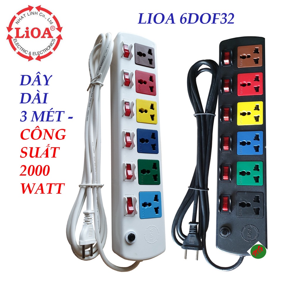 ✒Ổ cắm điện 3 chấu đa năng LIOA 6 công tắc suất 2000 watt dây dài mét 6DOF32WN (Trắng hoặc đen)