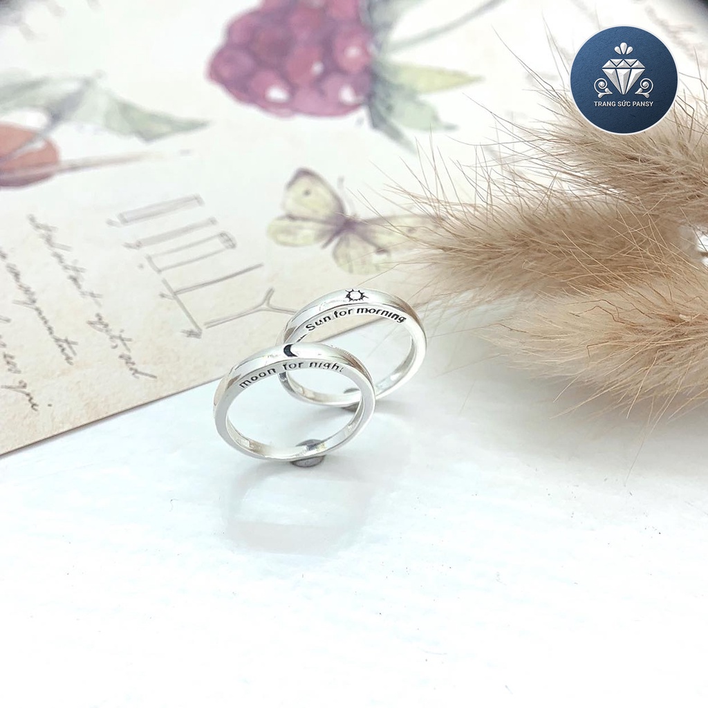 Nhẫn đôi bạc nam nữ PANSY hoạ tiết trăng và mặt trời, nhẫn cặp đẹp tình yêu Moon &amp; Star chuẩn bạc ta