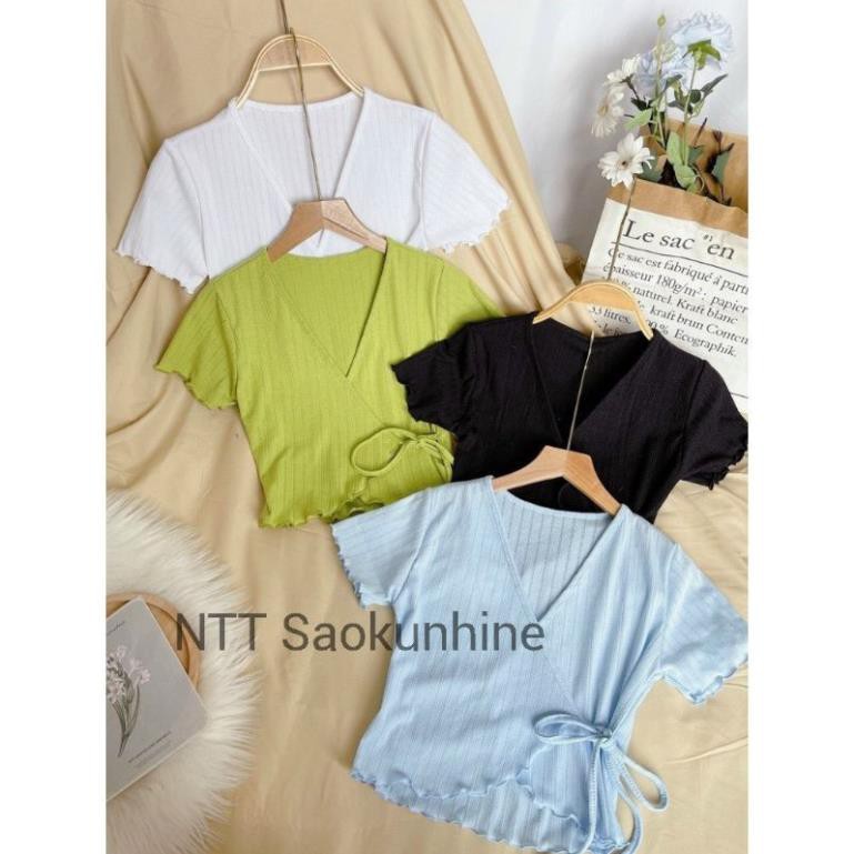 Áo Croptop Hai Vạt Đắp Chéo Ngực Cột Dây Ngắn Tay