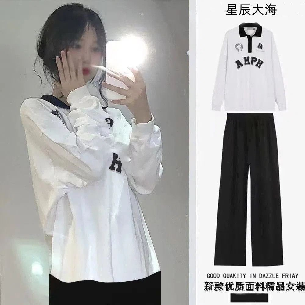 Set Áo Sơ Mi polo Dài Tay Form Rộng Và Quần Ống Rộng Phong Cách Mới Cho Nữ