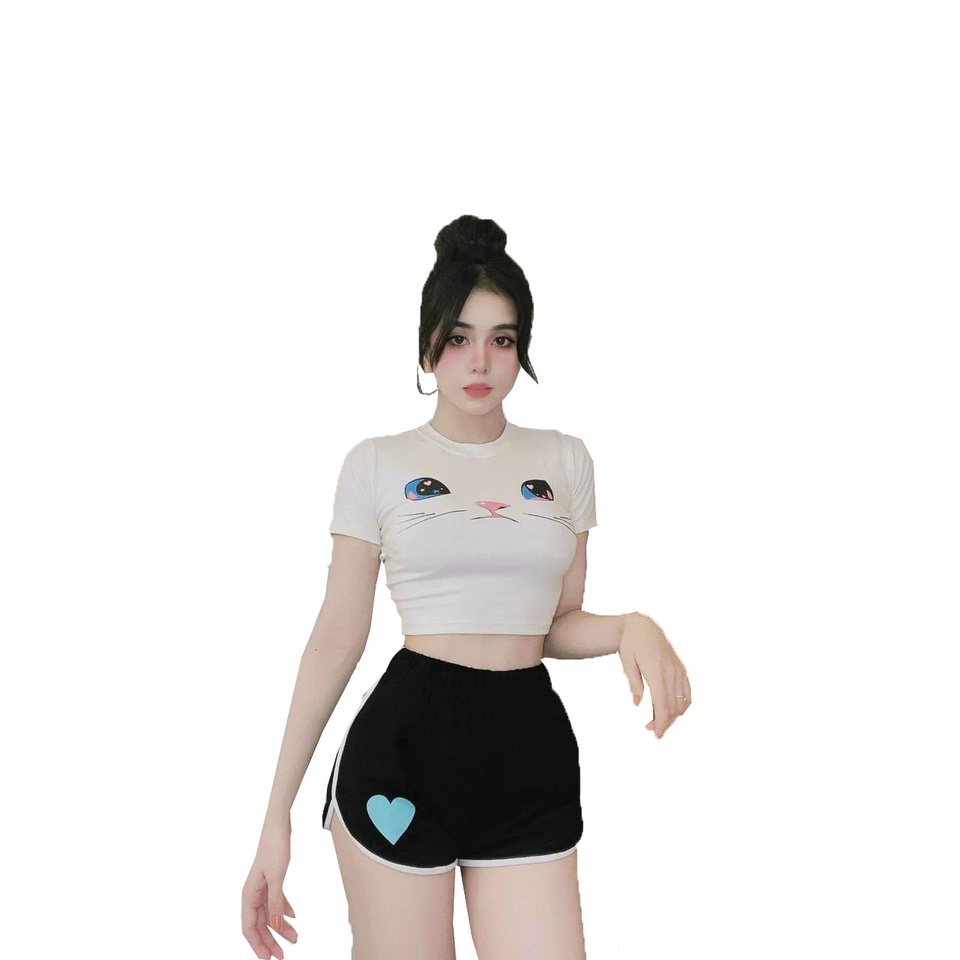 ❤ HÀNG CÓ SẴN ❤ sét đồ bộ nữ mèo hottrend gồm áo thun croptop cổ tròn mix quần đùi ống ôm cạp chun mặc mát SL