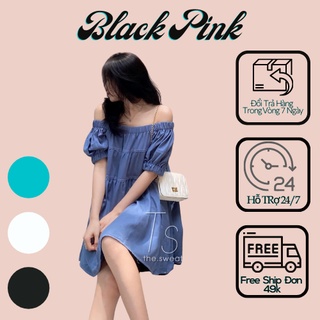 [ Có Ảnh Thật] Đầm Babydoll Tay Phồng Trễ Vai Chất Liệu Đũi Mát Black Pink