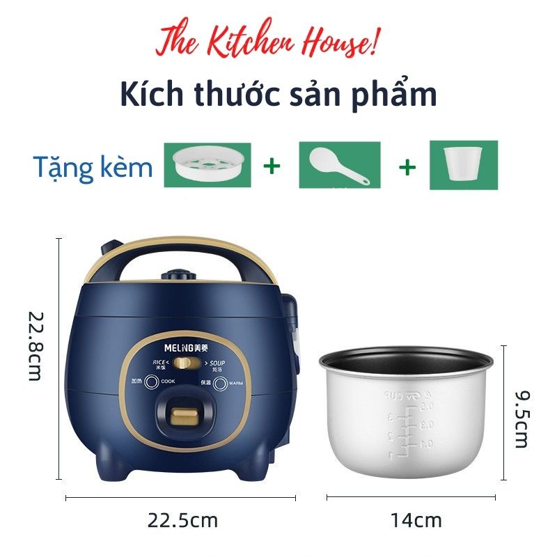 Nồi cơm điện đa năng mini MELING 1.2L Nấu cháo, súp, hâm nóng đồ ăn cho 2 đến 3 người ăn The Kitchen House