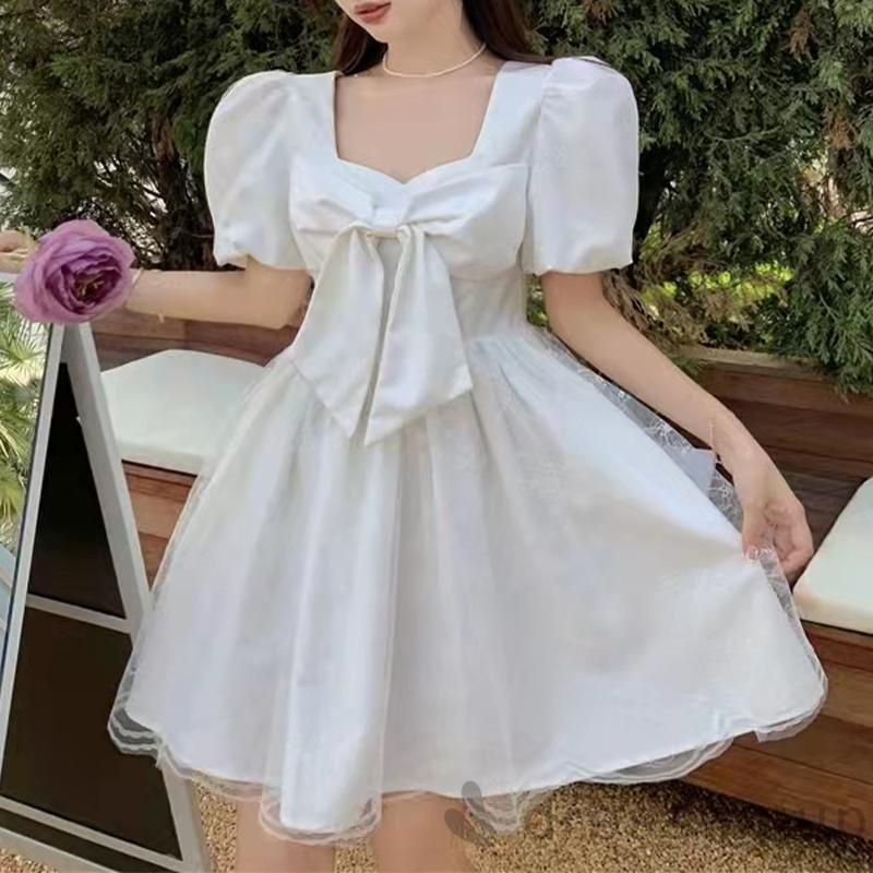 DRE-Ladies Casual Short Dress, Sweet Style Solid Color Square Collar Mesh Splicing Puff Short Sleeve Bow Dress