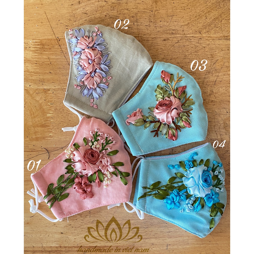 Khẩu trang thêu hoa ruy băng siêu độc, có nẹp mũi