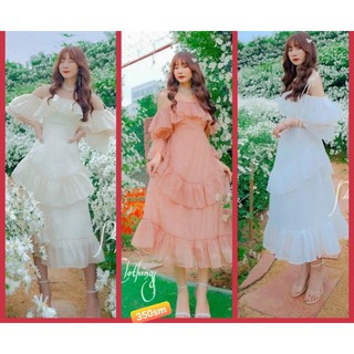 Top bán chạy sẵn hàng Váy maxi trễ vai xếp  tầng chụp ngoại cảnh