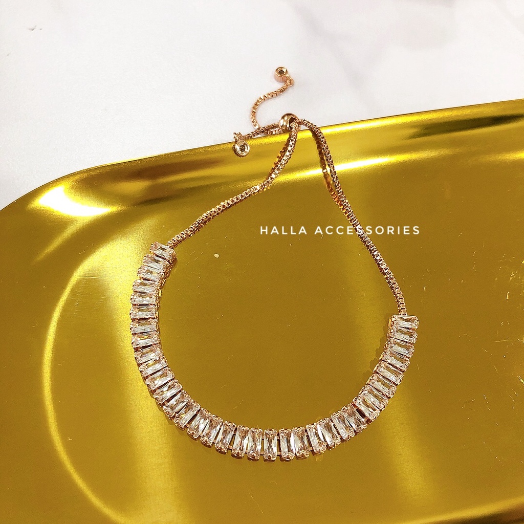 Vòng tay Lắc tay TITAN màu Rose Gold mặt đá cao cấp xếp li (không gỉ sét) HALLA VT101